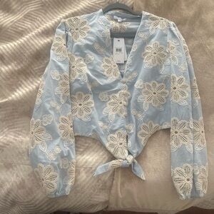 Guess Light Blue Floral Embroidered Blouse
